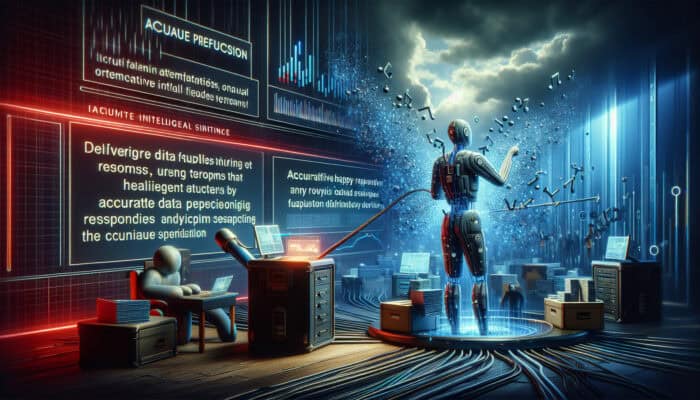 A futuristic AI assistant in a digital landscape analyzes accurate data for smiling users, while inaccurate data causes errors and frustration.