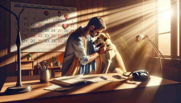 Pet owner monitors recovering dog in a sunlit room, with a follow-up calendar and phone nearby.