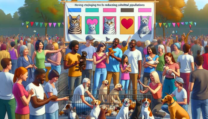 A lively pet adoption event in a community park, featuring volunteers, eager dogs and cats, families choosing pets, and banners for animal welfare.