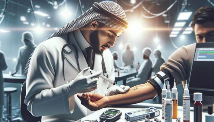 A medical professional draws blood from a patient's arm in a sterile laboratory, surrounded by glucometers, HbA1c kits, and glucose charts under bright lighting.