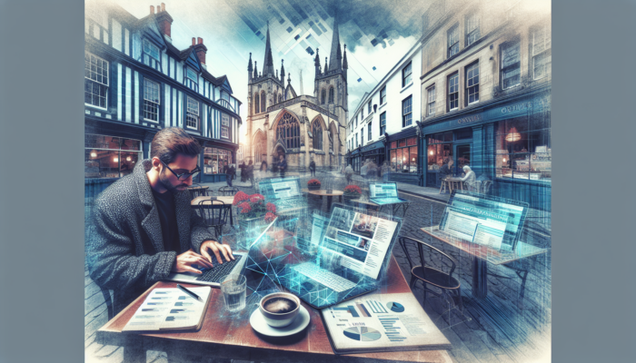 Entrepreneur in a Radstock cafe analysing blog strategies, surrounded by laptops, notebooks, charts, and coffee amidst historic architecture.