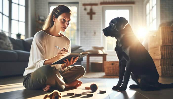 Focused owner observes curious Labrador responding to commands in sunlit room, noting in journal amid scattered toys.
