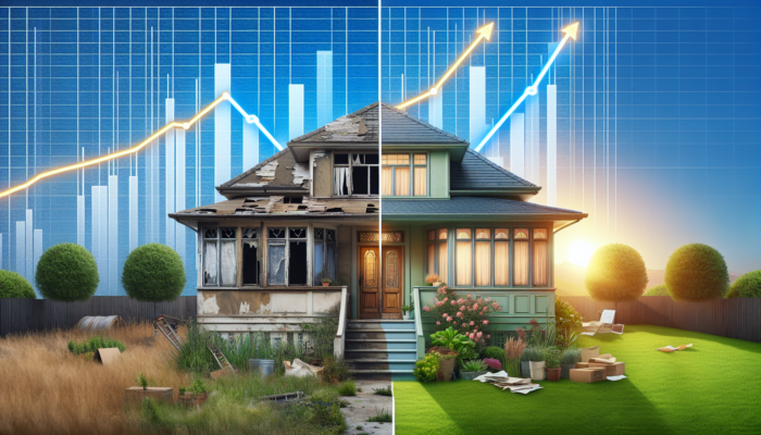 Split image of a suburban home: left shows a rundown house with peeling paint and weeds; right depicts a renovated version with modern windows, fresh landscaping, and a rising graph symbolizing increased property value.