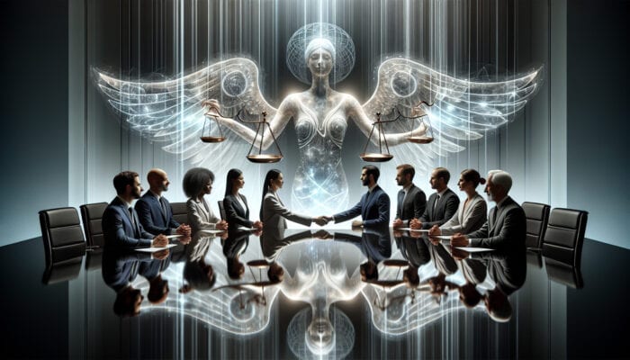 Diverse professionals shake hands in a modern boardroom, with glowing scales of justice and interconnected lights symbolizing ethics and trust.