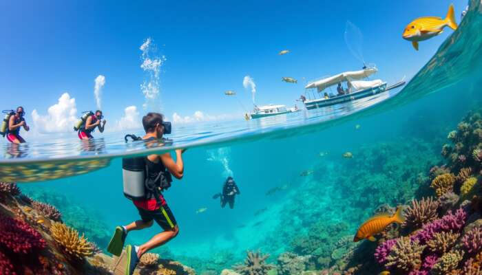 Underwater scene at the Great Blue Hole featuring diverse marine life, local divers engaging in conservation efforts, vibrant coral reefs, and elements of Belizean culture like traditional boats and artefacts.