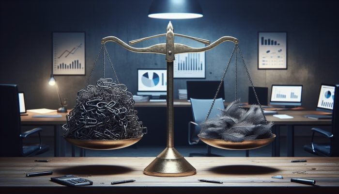 A balanced scale in a UK office, one side with tangled debt chains and risks, the other with a loan document symbolising relief and lower rates.