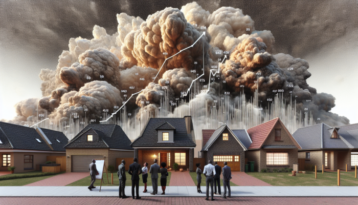 Graphs of inflation and interest rates tower over Standerton's homes; investors study charts under a stormy sky as buyers pause at for-sale signs.