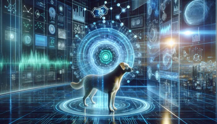 A curious dog in a high-tech lab with glowing blue and green holographic neural networks analyzing behaviour and processing data graphs.