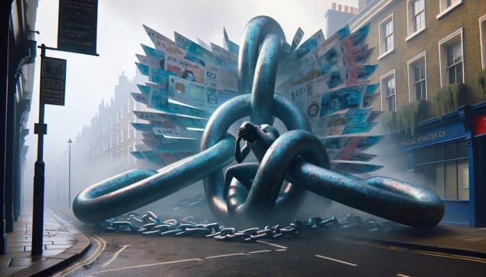 A stressed person in foggy London street, entangled in oversized credit cards and pound note chains, symbolizing debt misuse consequences.