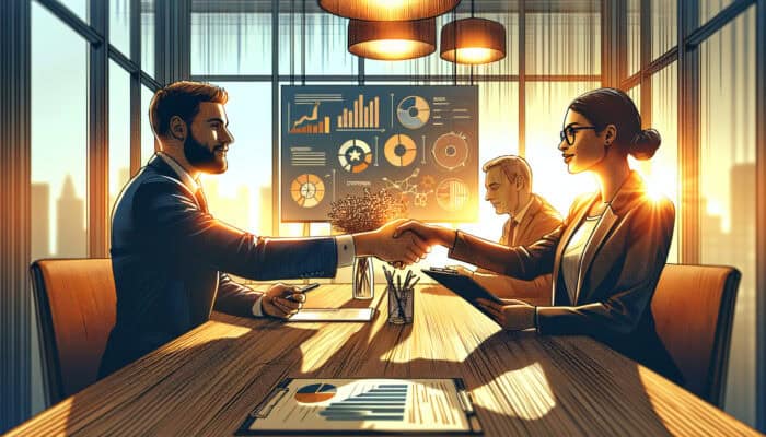 A diverse client and virtual assistant shake hands across a table in a modern office, exchanging notes on expectations under warm lighting.