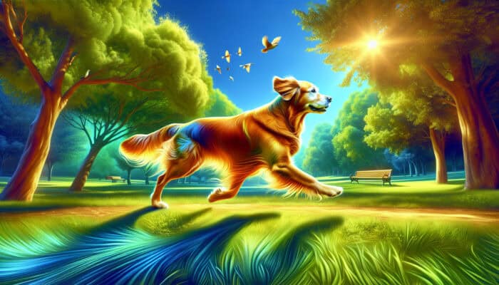 An elderly golden retriever joyfully running in a sunny park, with smooth joints and a shiny coat, symbolising omega-3 benefits.