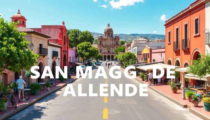 Travelers enjoying eco-friendly activities in the vibrant streets of San Miguel de Allende, surrounded by colonial architecture and lush greenery under a clear blue sky.