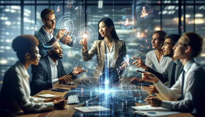 Diverse professionals collaborate in a modern office around a holographic document, using animated gestures and digital links to enhance interactions.