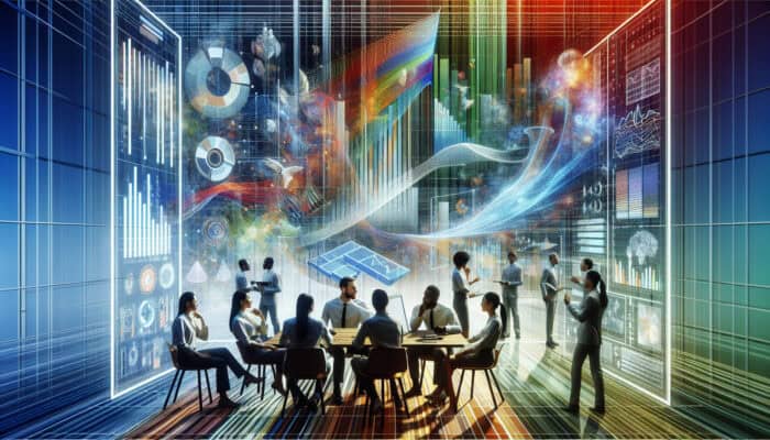 Diverse team in a modern office analyses colorful data charts on screens, sharing documents and discussing feedback.