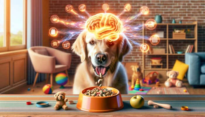 A curious golden retriever enjoying brain-boosting supplements, surrounded by glowing neural networks in a sunny home filled with toys.