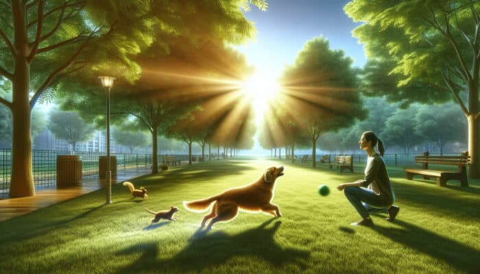 Pet owner observes focused dog fetching a ball in a sunny park, reflecting improved engagement from brain supplements, with trees and squirrels in the background.