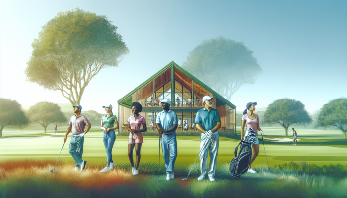 Diverse golfers enjoying a lush green course at East London Golf Club under a sunny sky, with a modern clubhouse in the background.