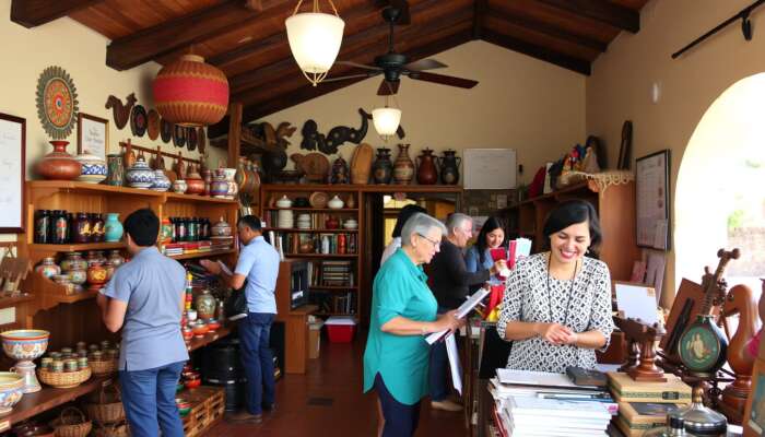 Staff in a San Miguel de Allende boutique arrange colorful crafts, assist smiling customers, and manage inventory in a sunlit colonial interior.