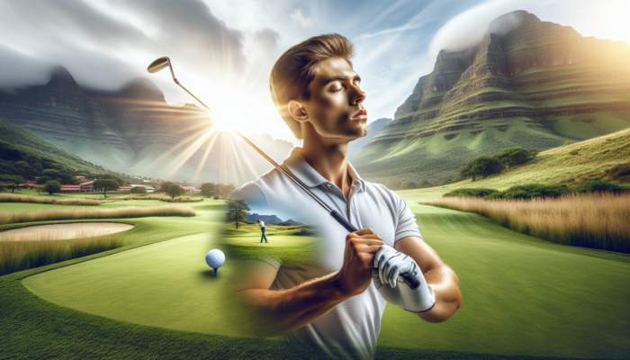 South African golfer with sun-kissed skin visualizes perfect swing on lush green course amid Drakensberg Mountains.