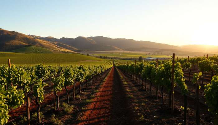 Napa Valley vineyard at harvest: rows of grapevines in vertical shoot positioning, workers tending cover crops amid rolling hills and golden sunset.