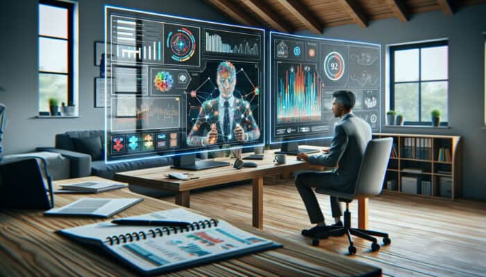 Focused virtual assistant analyses colourful data charts on dual monitors during video call, surrounded by planners and books.
