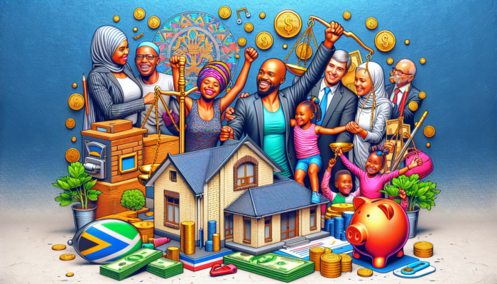 Diverse family in Postmasburg celebrates receiving home keys from a bank official, surrounded by charts of fixed and variable interest rates, symbolizing affordability and hope.