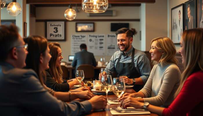 Waitstaff in a cozy restaurant warmly engaging with smiling guests, providing personalised menu recommendations within a welcoming atmosphere.