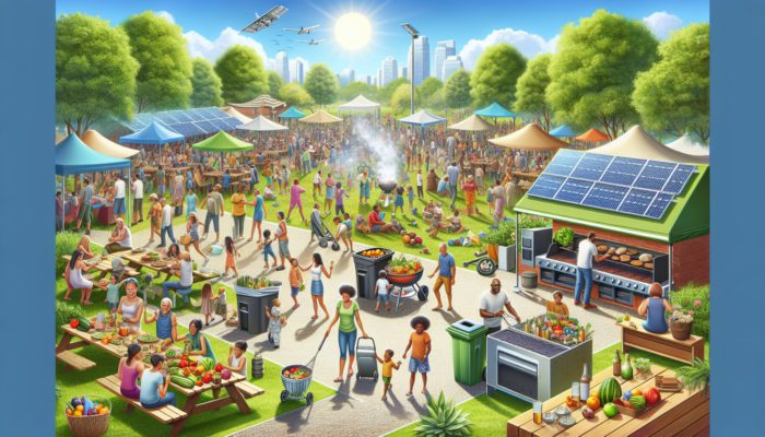 Bustling outdoor BBQ event in a sunny US park, with organizers sourcing organic produce and sorting waste at recycling stations, symbolizing community environmental dedication.