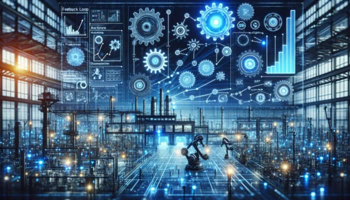 Dynamic factory illustration showcasing gears, circuits, and robots within a feedback loop that optimises operations with blue lights and rising graphs.
