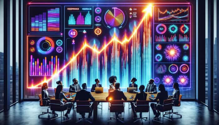 Professionals in a conference room analysing vibrant KPI dashboards with ascending graphs, illustrating performance growth.