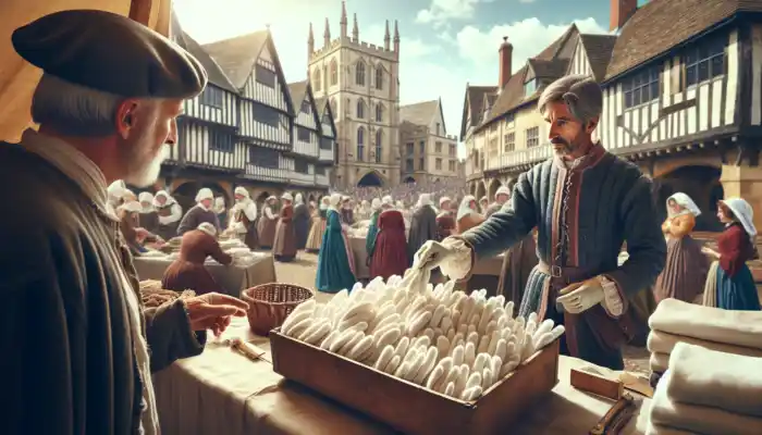 In Tewkesbury's historic market, a vendor in medieval attire displays cotton gloves as a customer examines them amid crowds and ancient buildings.