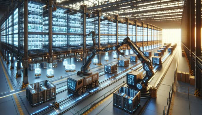 Futuristic warehouse scene: tech-integrated crates with glowing LED screens and sensors loaded by robotic arms onto autonomous trucks under bright lights.