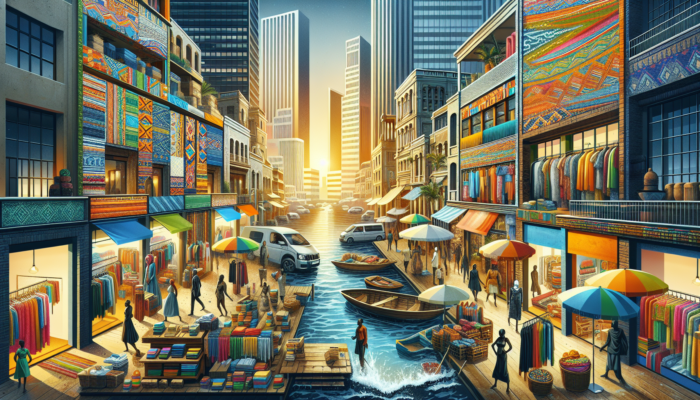 Illustration of South Africa's brand diversity: bustling Gauteng street with international luxury stores and skyscrapers, contrasted by KwaZulu-Natal's colorful coastal market featuring local crafts and beachwear.