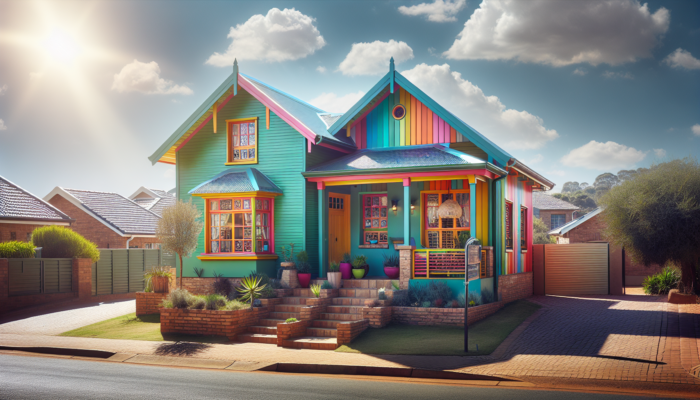 A freshly painted entry-level home in Pretoria's suburbs, showcasing vibrant eco-friendly colours harmonising with the African landscape under a sunny sky.