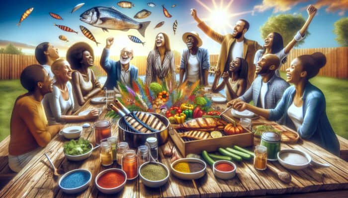 A vibrant outdoor cookout scene with a rustic table of grilled proteins, fresh vegetables, seasonings, and diverse guests under a sunny sky.