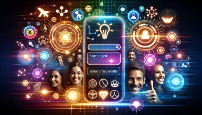 A vibrant digital interface with a search bar, glowing icons, and smiling users viewing instant optimized results for better experience.
