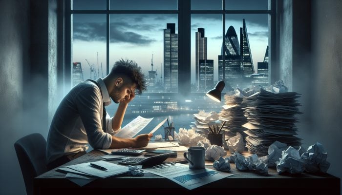 Stressed individual examining documents at cluttered desk with bills, transitioning to a serene scene of financial freedom with ledgers and the London skyline at dusk.