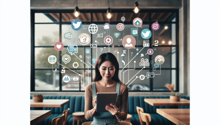 A small business owner in a warm café manages social media on a tablet, with Twitter and Instagram icons, rising graphs, and an influx of customers.