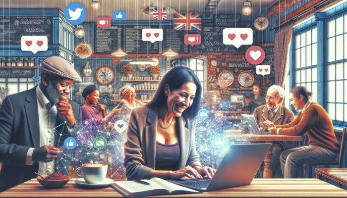 Small UK business owner in Bridgwater managing social media on a laptop in a welcoming café, actively engaging diverse customers online.