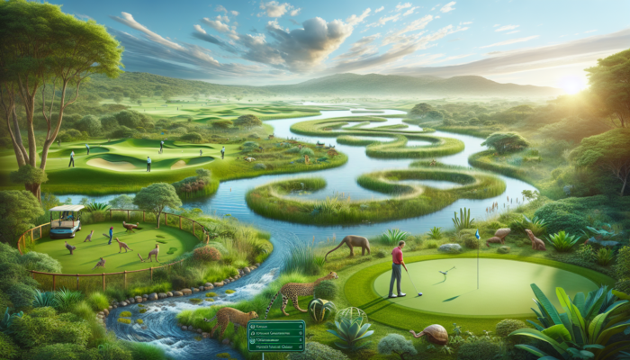 Eco-friendly Sabi River Sun Golf Club: lush greens with indigenous plants, wildlife corridors, rivers, and golfers in a biodiverse landscape under a vibrant sky.