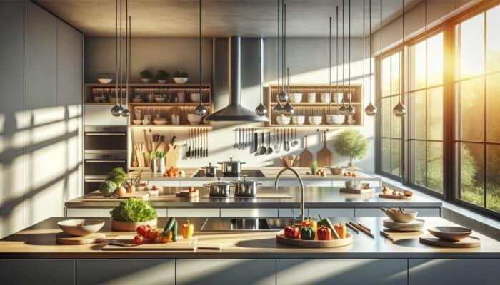 A sunlit modern kitchen featuring organised zones: a prep area with fresh vegetables and knives, a cooking area with pots, and a plating station with plates.