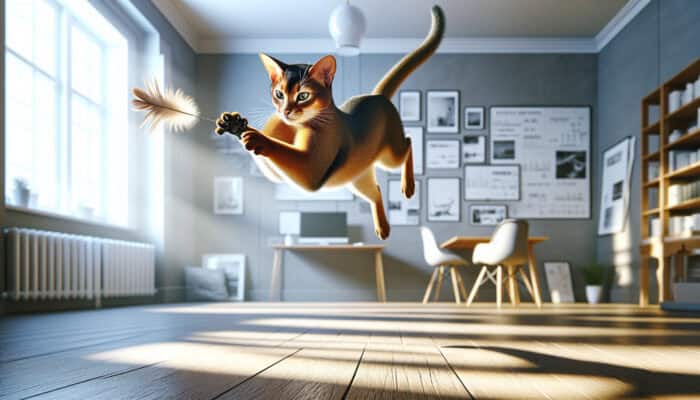 Energetic Abyssinian cat with ticked fur leaps mid-air to catch a feather toy in a sunlit room, displaying playful personality.