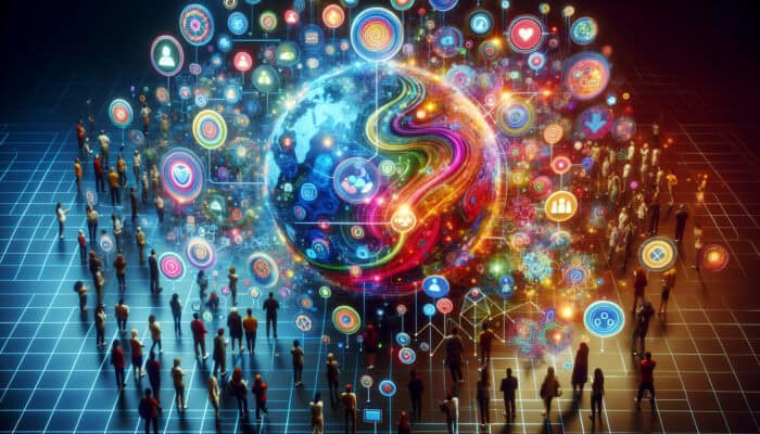 Diverse people connected via holographic screens displaying Slack chats, Discord discussions, Facebook posts, LinkedIn networks, and Trello boards for collaboration and advocacy.