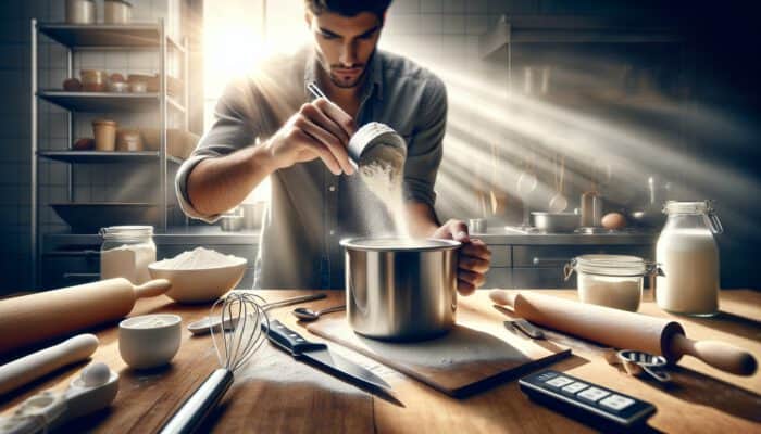A focused baker in a sunlit kitchen spoons fluffy flour into a stainless steel cup and levels it with a knife, surrounded by baking tools.