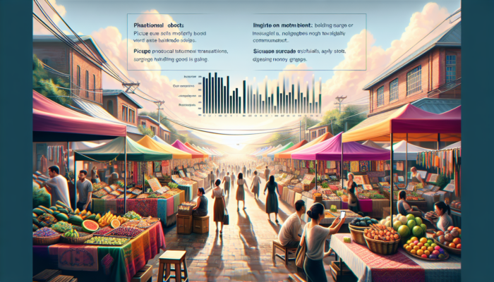 Bustling local market with WooCommerce stalls showcasing handmade goods on screens, customers browsing apps, rising sales graphs under sunny sky.