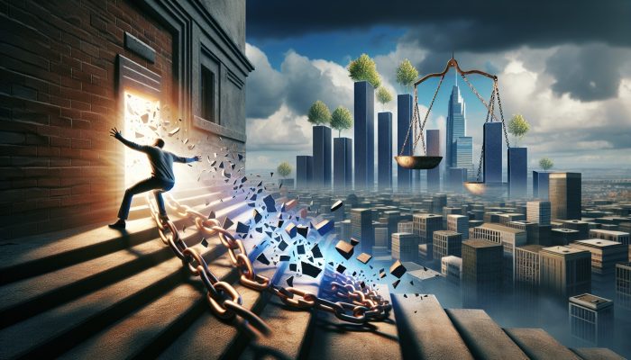 A person escaping chains labeled "Debt Myths" amid shattered credit illusions, with a glowing path, scales, and rising graphs in a surreal landscape.