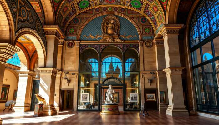 San Miguel de Allende museum with grand colonial facade, ornate arches, colorful tiles, and historical stone blended with modern glass.
