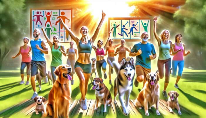 Joyful owners and energetic dogs bonding in an outdoor fitness class, beaming with happiness and accomplishment in a sunny park.