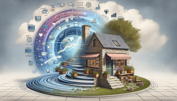 A quaint Stonehouse shop transforming into an e-commerce hub with global maps, 24/7 clocks, and rising sales graphs for local businesses.