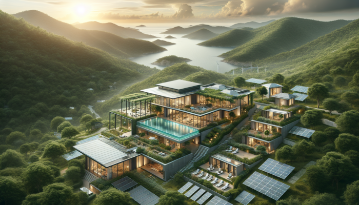 A modern estate in verdant hills with glass facades, infinity pool, manicured gardens, solar panels, and ocean views at sunset.